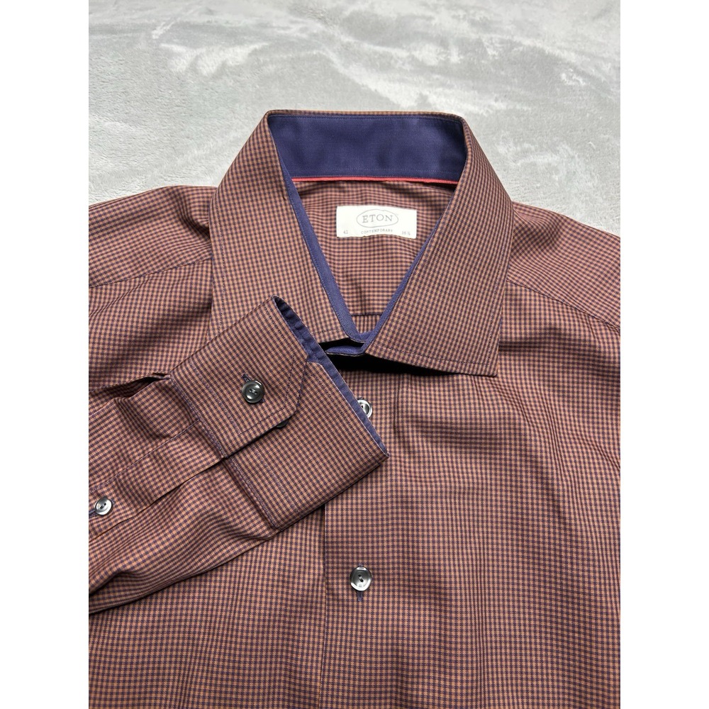 Eton Contemporary 16.5 42 Orange Navy Gingham Dress Shirt Sweden